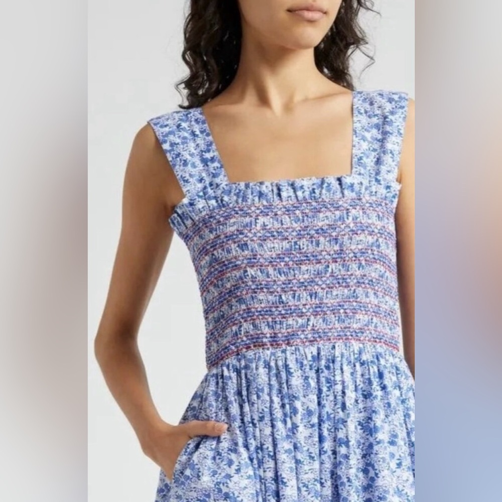 Mille $423 Garden Smocked Floral Sleeveless Resort Vacation Maxi Cottage Dress